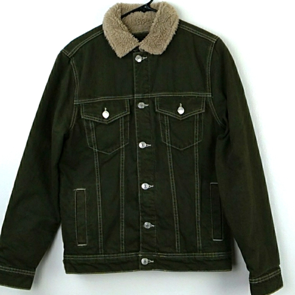 Zara Jacket Green Denim Sherpa Lined Button Front Men… Gem